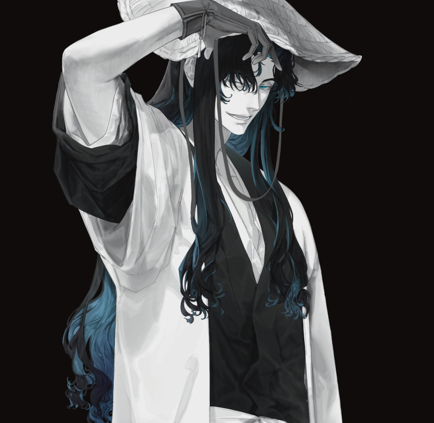 arm_up, black_hair, black_kimono, bleach, blue_eyes, blue_hair, brown_background, character_request