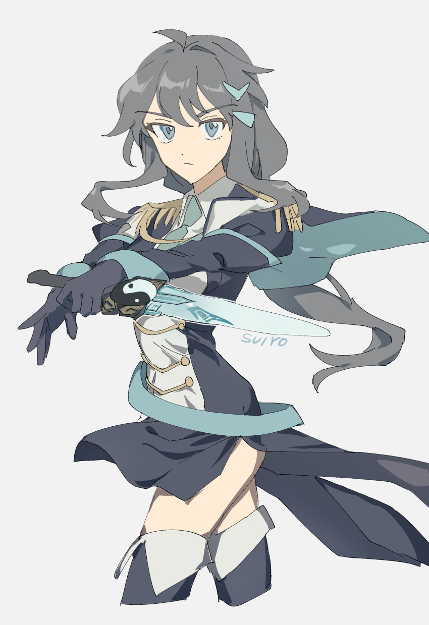 1girl, artist_name, bangs, black_gloves, black_jacket, cheng_lixue, chinese_clothes, closed_mouth, gloves, grey_background, grey_eyes, grey_hair, highres, honkai_(series), honkai_impact_3rd, jacket, long_hair, long_sleeves, looking_at_viewer, simple_background, smile, solo, uehara_suiyo, yin_yang