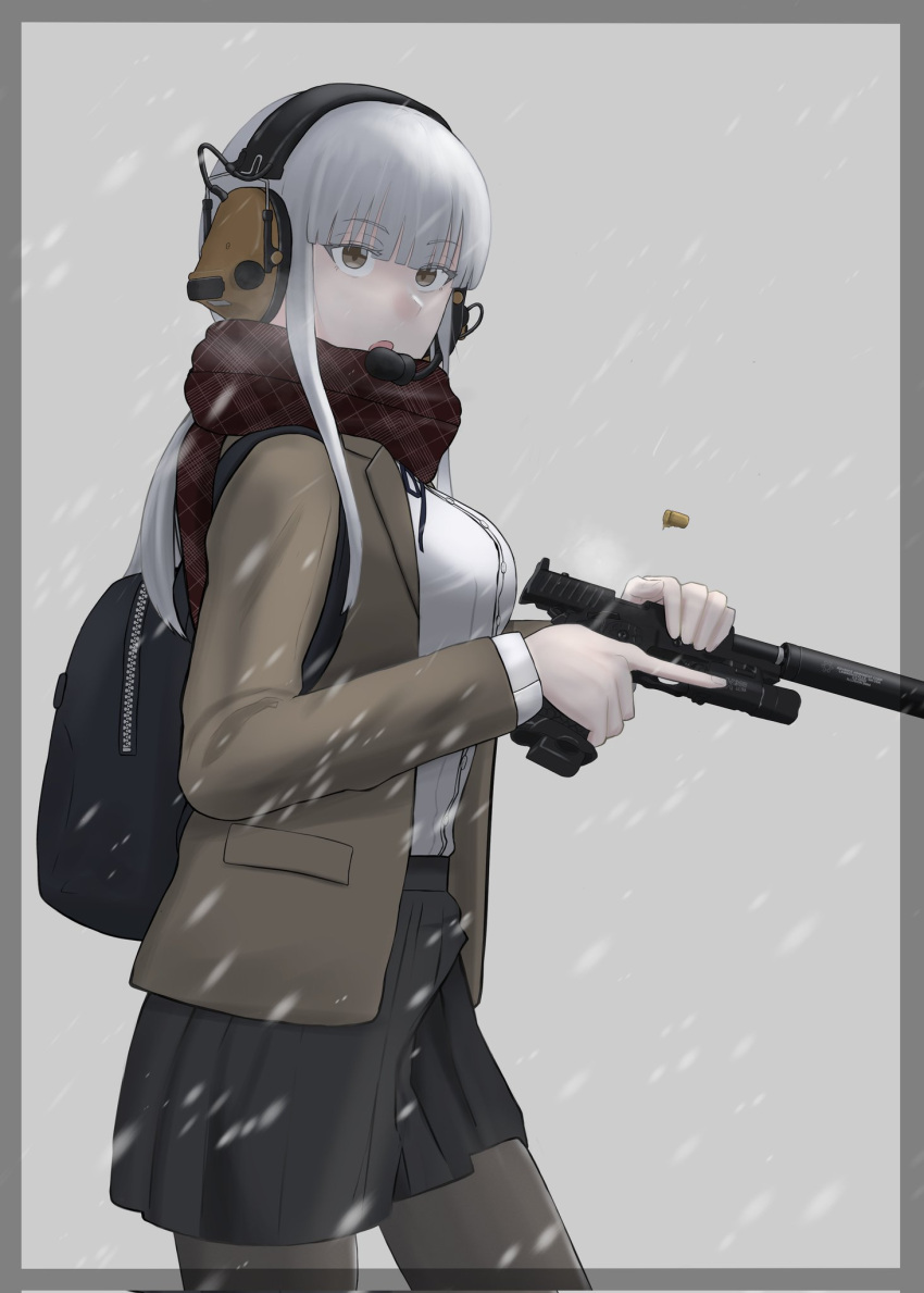 1girl, backpack, bag, black_pantyhose, black_skirt, border, breasts, brown_jacket