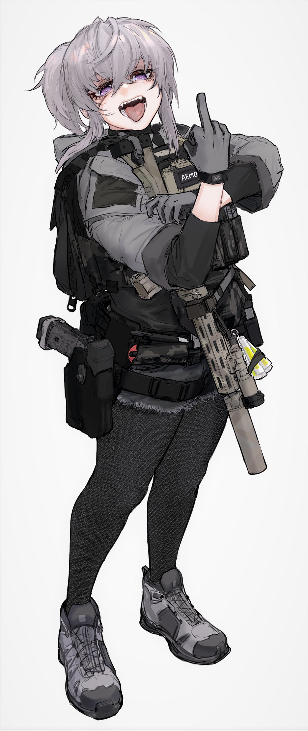1girl, :d, absurdres, alma01, backpack, bag, bangs, black_pantyhose, black_shorts, gloves, grey_footwear, grey_gloves, grey_hair, grey_jacket, gun, hair_between_eyes, handgun, highres, jacket, legwear_under_shorts, long_sleeves, looking_at_viewer, middle_finger, original, pantyhose, scope, sharp_teeth, shoes, short_shorts, shorts, side_ponytail, sidelocks, smile, solo, teeth, tongue, tongue_out, violet_eyes, weapon, weapon_request