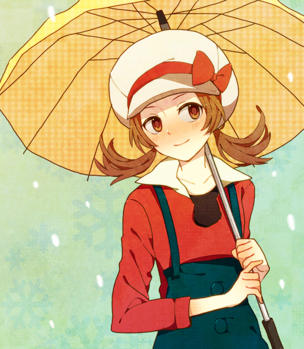 1girl, blue_overalls, bow, brown_eyes, brown_hair, cabbie_hat, closed_mouth, collarbone