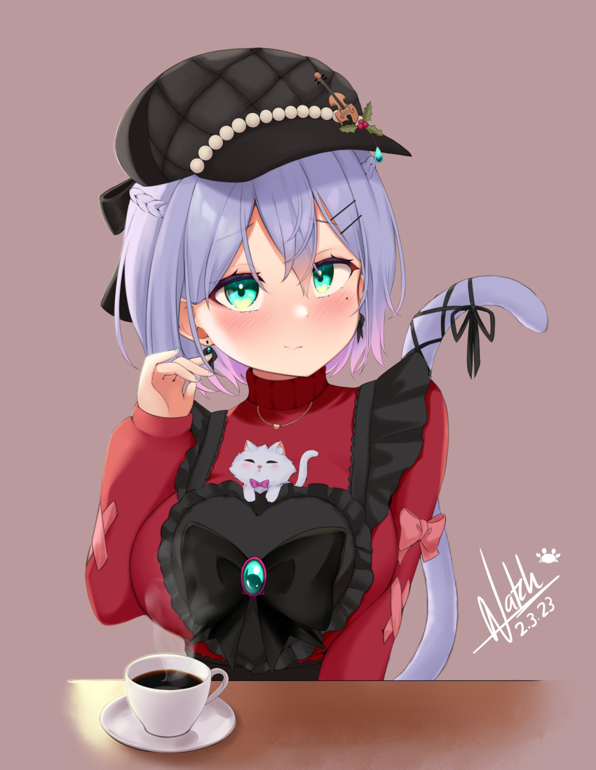 1girl, absurdres, apron, bangs, black_apron, black_headwear, blue_hair, bow