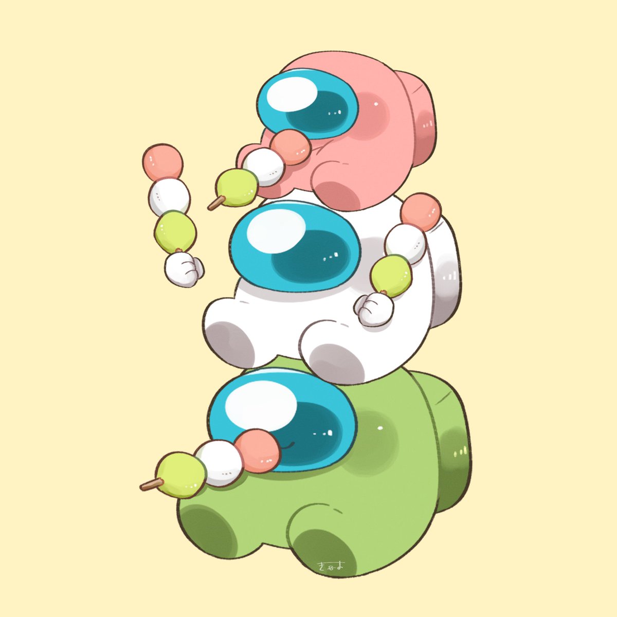 among_us, commentary, crewmate_(among_us), dango, food, green_(among_us), highres, holding