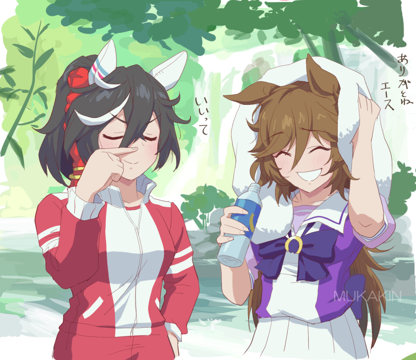 2girls, artist_name, black_hair, bottle, bow, bowtie, brown_hair, closed_eyes