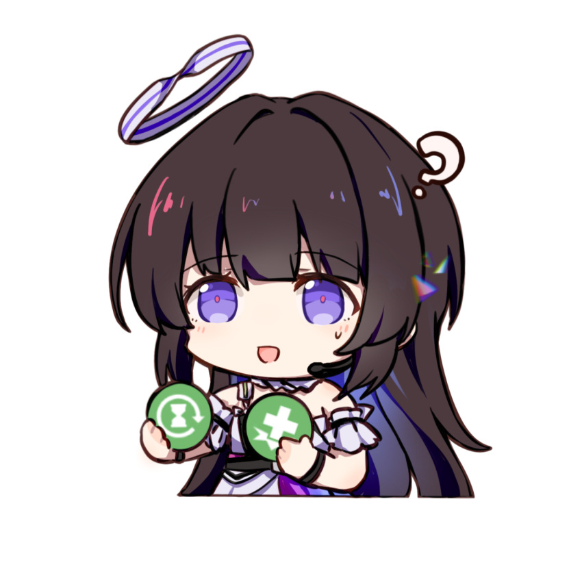 1girl, ?, brown_hair, chibi, commentary_request, dress, gameplay_mechanics, girls'_frontline_neural_cloud