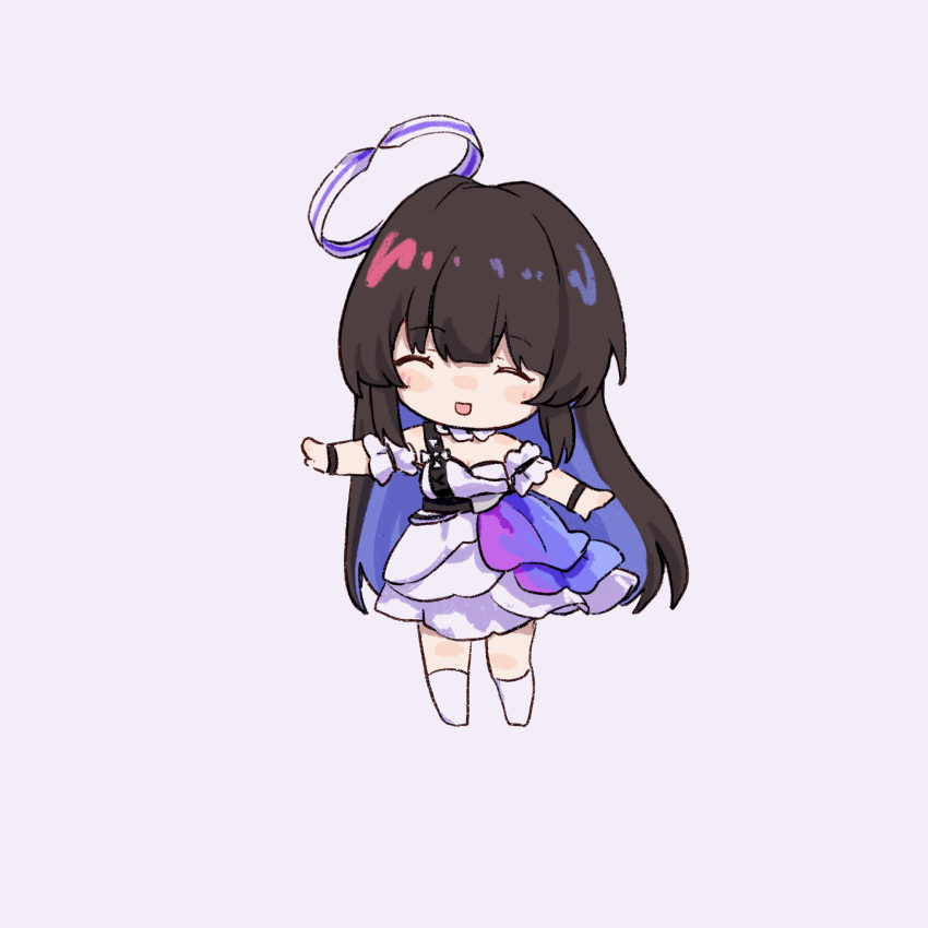1girl, blue_hair, blush, brown_hair, chibi, closed_eyes, colored_inner_hair, commentary_request