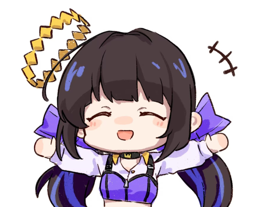 1girl, blue_hair, brown_hair, chibi, closed_eyes, commentary_request, crop_top, girls'_frontline_neural_cloud