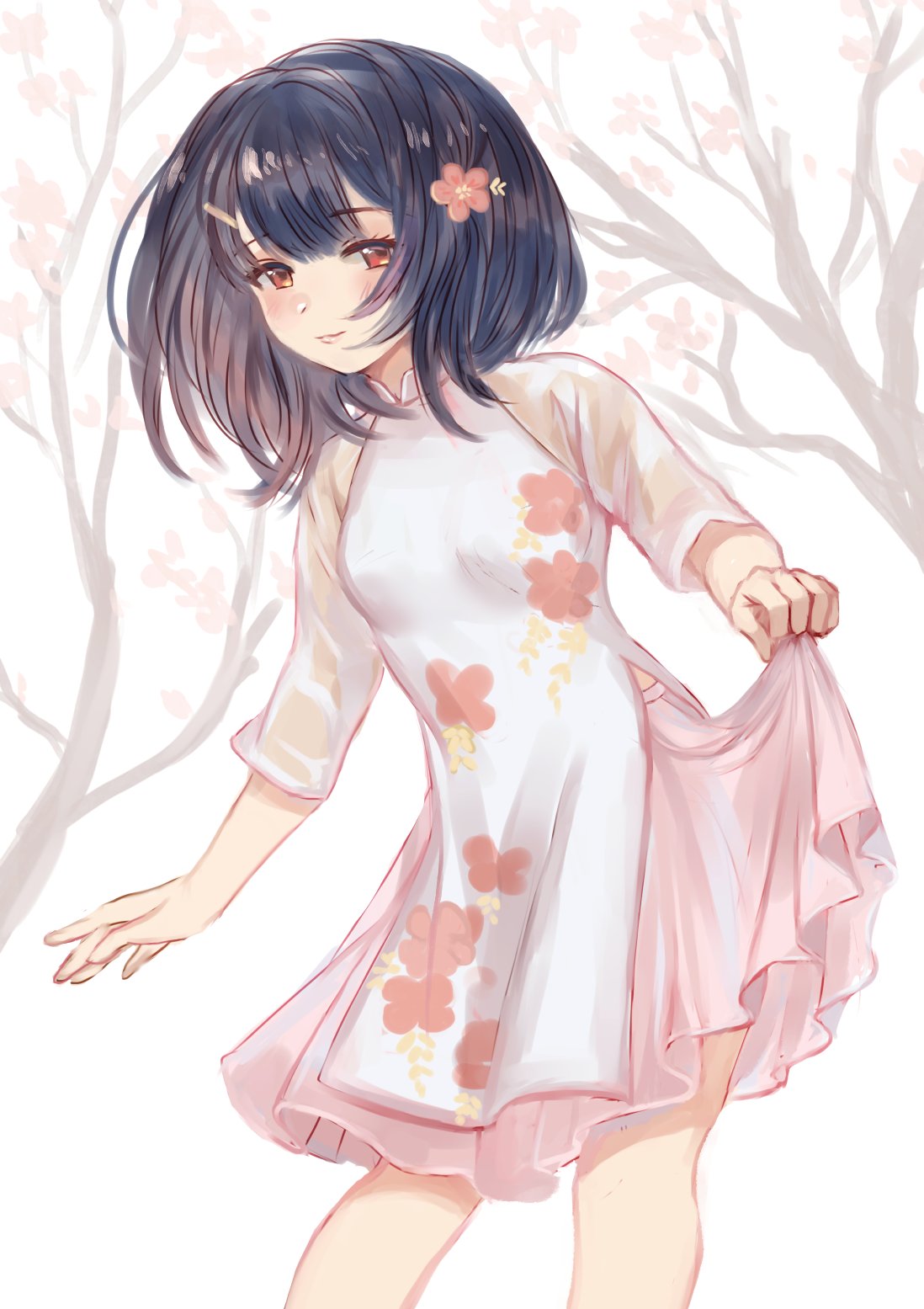 binik_ex, black_hair, blush, clothes_lift, english_commentary, flower, granblue_fantasy, hair_flower, hair_ornament, highres, short_hair, skirt, skirt_lift, smile, tree, vietnamese_dress, vikala_(granblue_fantasy), yellow_eyes
