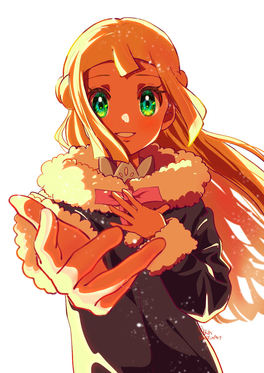 1girl, absurdres, bangs, beckoning, blonde_hair, blunt_bangs, coat, facing_viewer