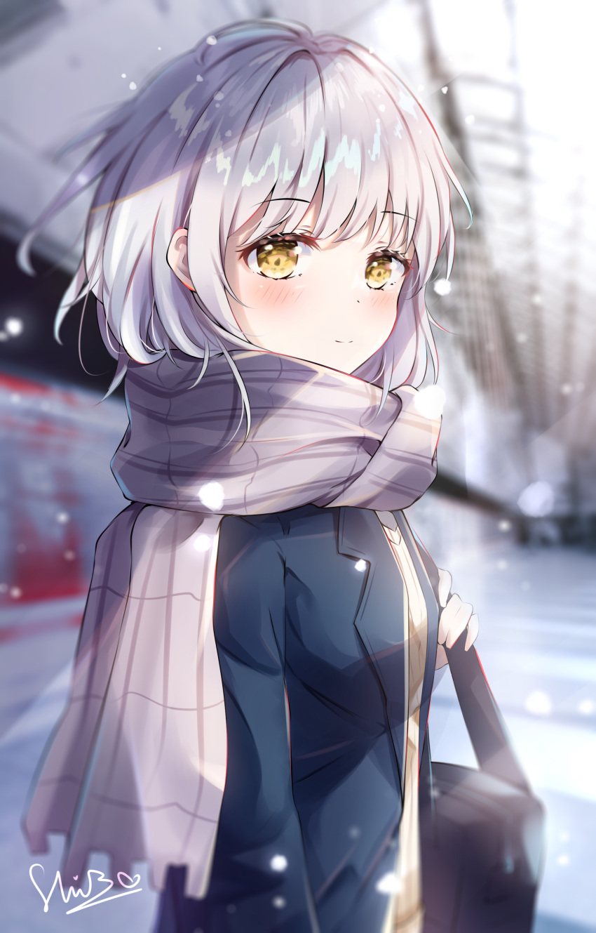 1girl, absurdres, bag, bangs, black_jacket, blazer, blurry, blurry_background, blush, cardigan, chromatic_aberration, closed_mouth, enpera, grey_hair, grey_scarf, highres, jacket, long_sleeves, looking_at_viewer, open_clothes, open_jacket, original, scarf, school_bag, school_uniform, shi3, signature, smile, snowing, solo, train_station, upper_body, yellow_eyes