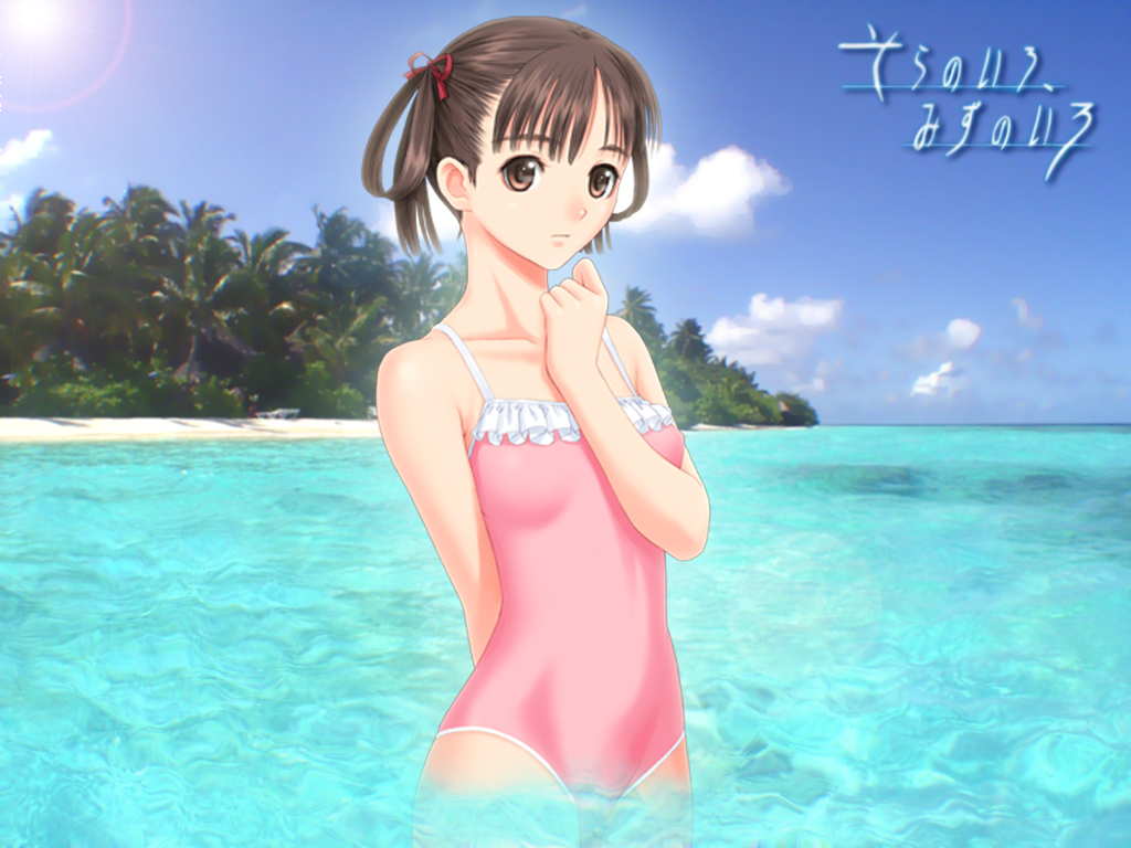 arm_behind_back, beach, black_hair, casual_one-piece_swimsuit, forest, frilled_swimsuit, frills, hair_rings
