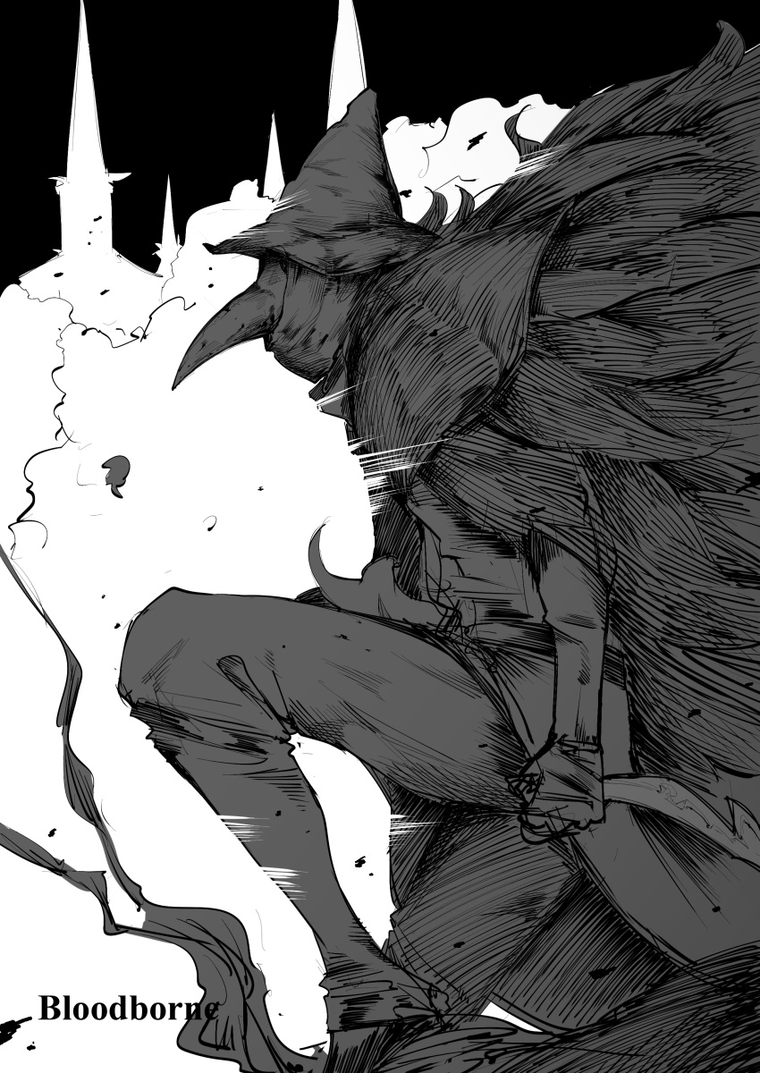 1girl, absurdres, bloodborne, cloak, copyright_name, eileen_the_crow, feather-trimmed_coat, from_side