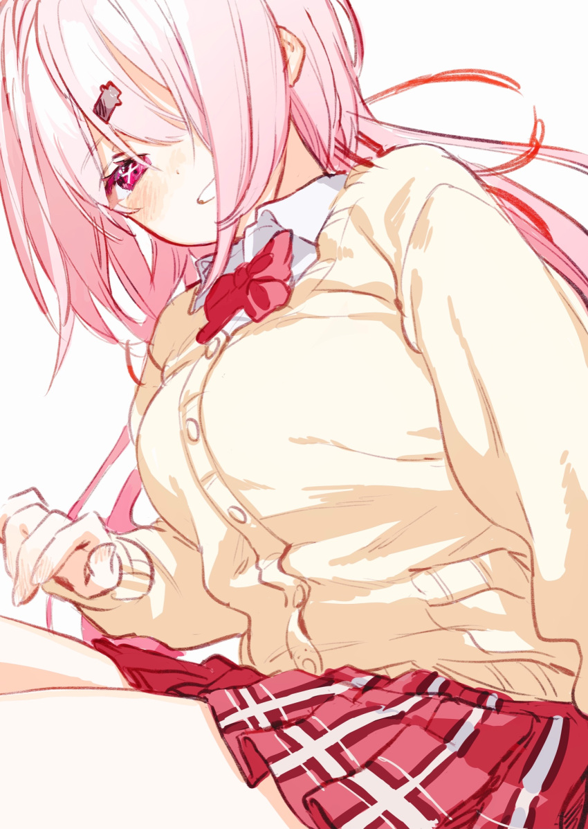 1_ma, 1girl, bow, breasts, cardigan, hair_over_one_eye, highres, large_breasts