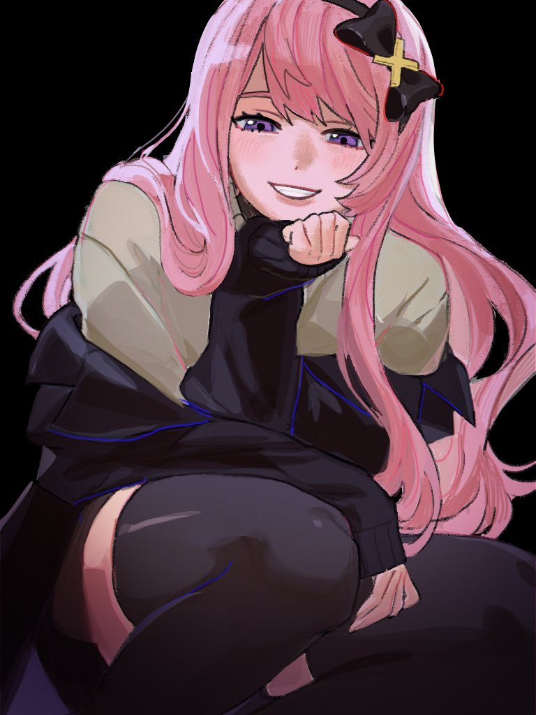1boy, bangs, black_background, black_bow, black_hairband, black_jacket, black_thighhighs, bow, bow_hairband, brown_shorts, feet_out_of_frame, grey_sweater, grin, hairband, hand_on_own_chin, head_rest, holostars, jacket, light_blush, long_hair, looking_at_viewer, male_focus, off_shoulder, otoko_no_ko, pink_hair, shorts, simple_background, sleeves_past_wrists, smile, solo, squatting, suaviterra, sweater, swept_bangs, thigh-highs, tsukishita_kaoru, turtleneck, turtleneck_sweater, violet_eyes, virtual_youtuber