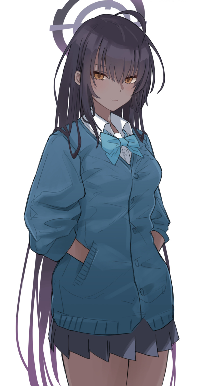 1girl, absurdres, black_hair, blue_archive, blue_bow, blue_bowtie, blue_cardigan, blue_skirt