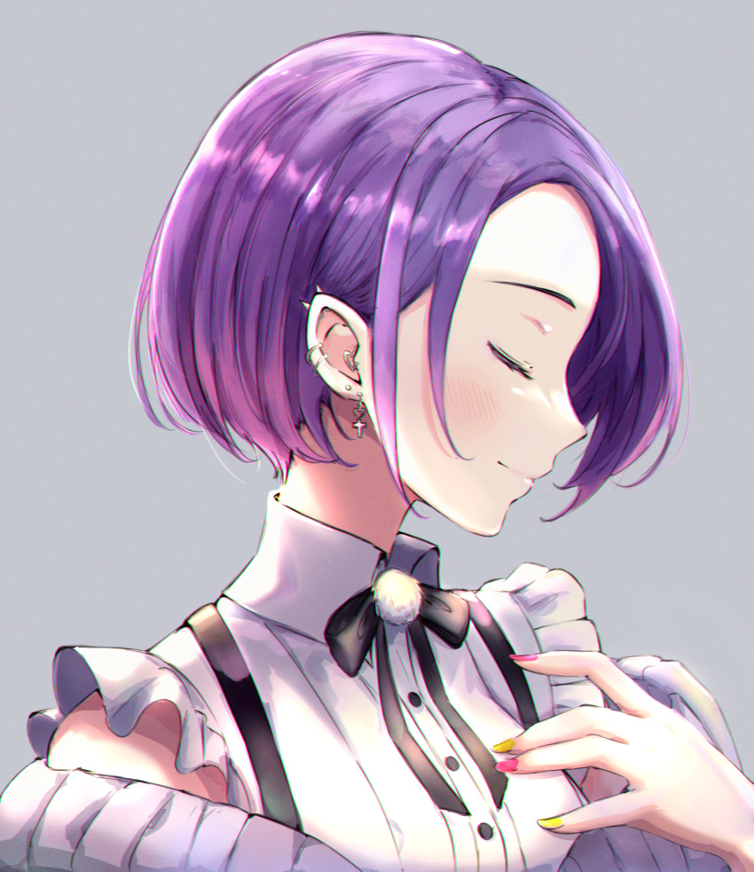1girl, bob_cut, closed_eyes, closed_mouth, commentary_request, ear_piercing, earrings, grey_background, hand_on_own_chest, highres, hololive, jewelry, nail_polish, piercing, profile, purple_hair, short_hair, simple_background, solo, tokoyami_towa, upper_body, virtual_youtuber, zexalmike