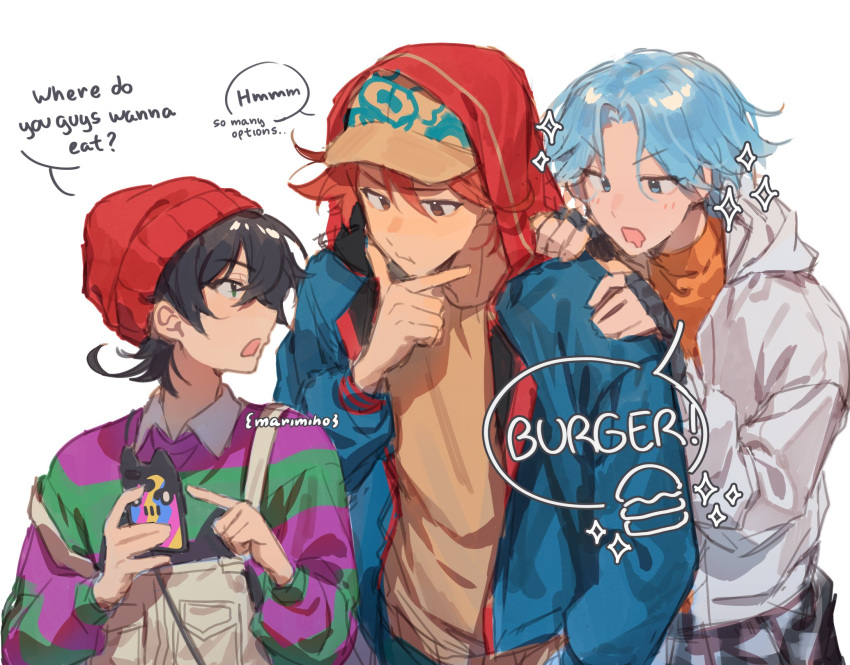 3boys, black_hair, blue_eyes, blue_hair, blush, closed_mouth, english_text, facing_another
