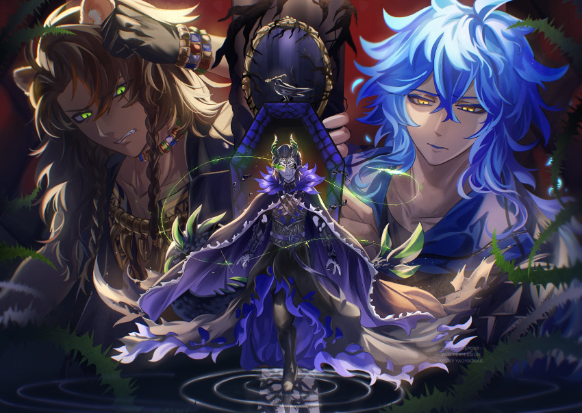 3boys, animal_ears, black_hair, blue_hair, brown_hair, dark-skinned_male, dark_skin, full_body