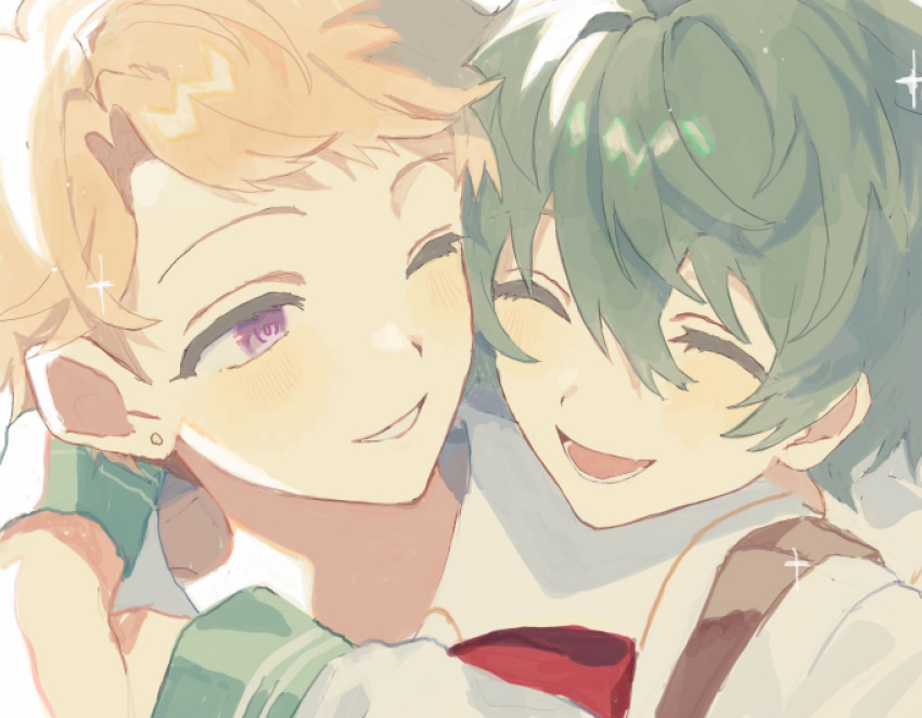 2boys, 88uhhi, black_hair, blonde_hair, blush, closed_eyes, ensemble_stars!, facing_another
