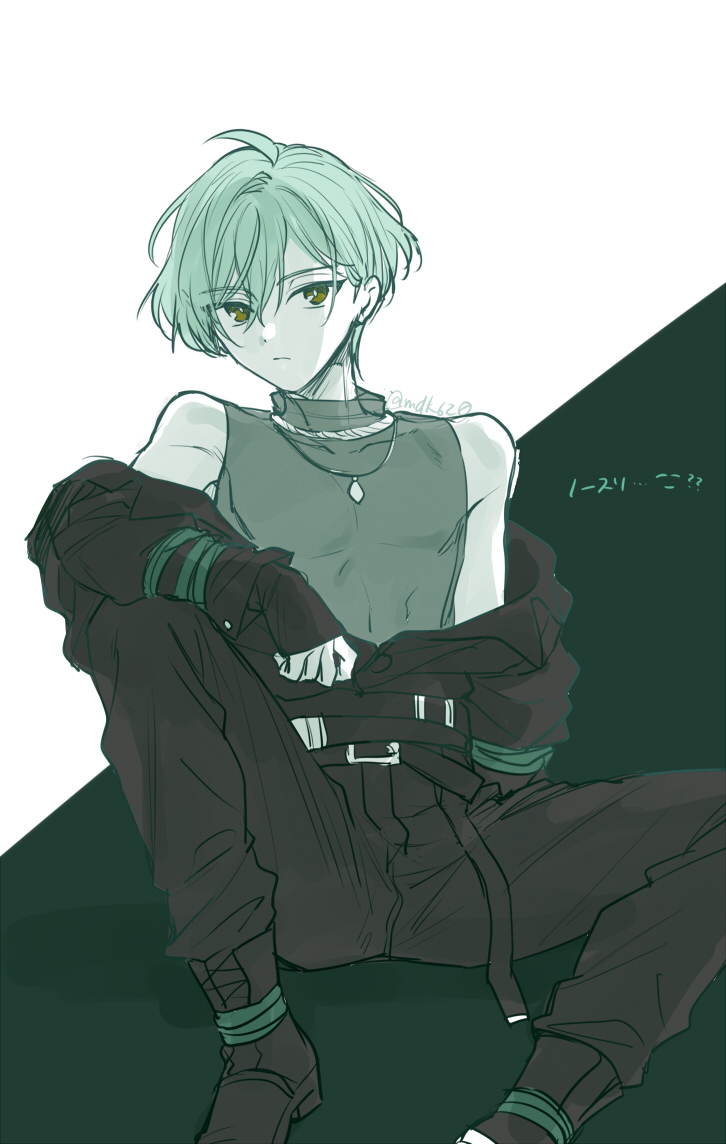 1boy, belt, black_belt, black_jacket, black_pants, blue_hair, closed_mouth, green_background