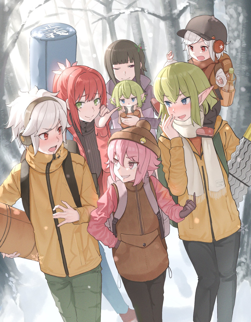 2boys, 5girls, alise_lovell, backpack, bag, beanie, bell_cranel, black_gloves