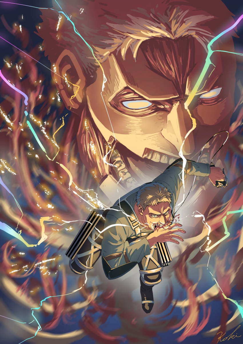 1boy, armored_titan, beard, biting_hand, black_pants, blonde_hair, blood, blue_eyes