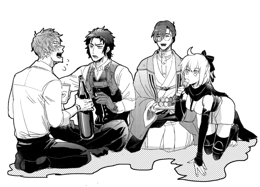 1girl, 3boys, :d, ^_^, ahoge, arm_guards, bangs, blush