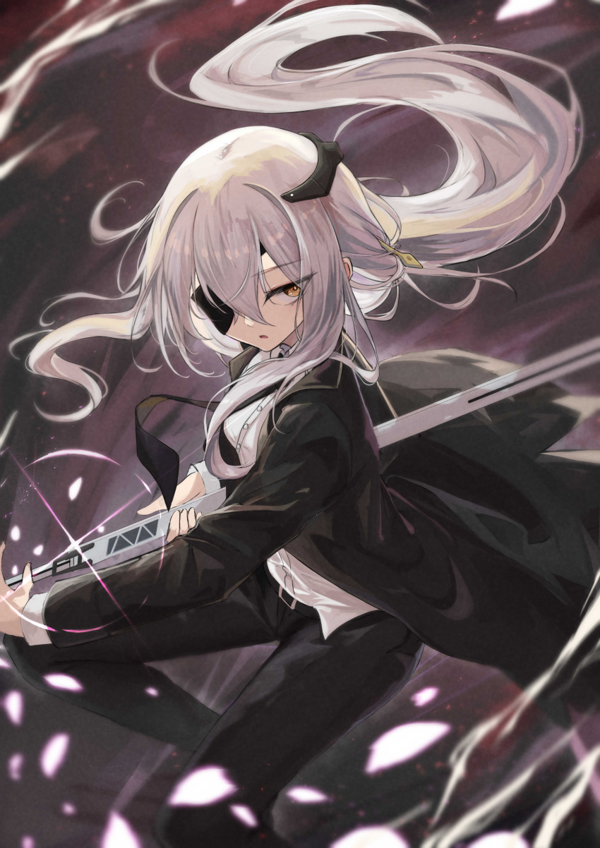 1girl, absurdres, asaba_(asaba_6771), battoujutsu_stance, belt, black_necktie, black_pants, black_suit