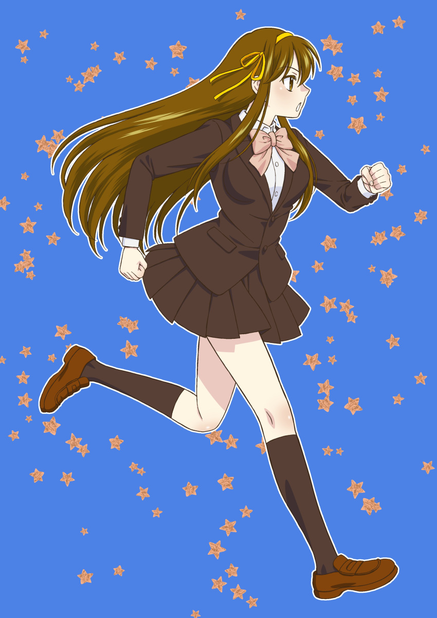 1girl, absurdres, bangs, black_socks, blazer, blue_background, bow, bowtie