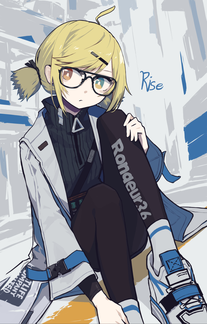 1girl, absurdres, ahoge, bangs, black-framed_eyewear, black_pantyhose, blonde_hair, blue_eyes