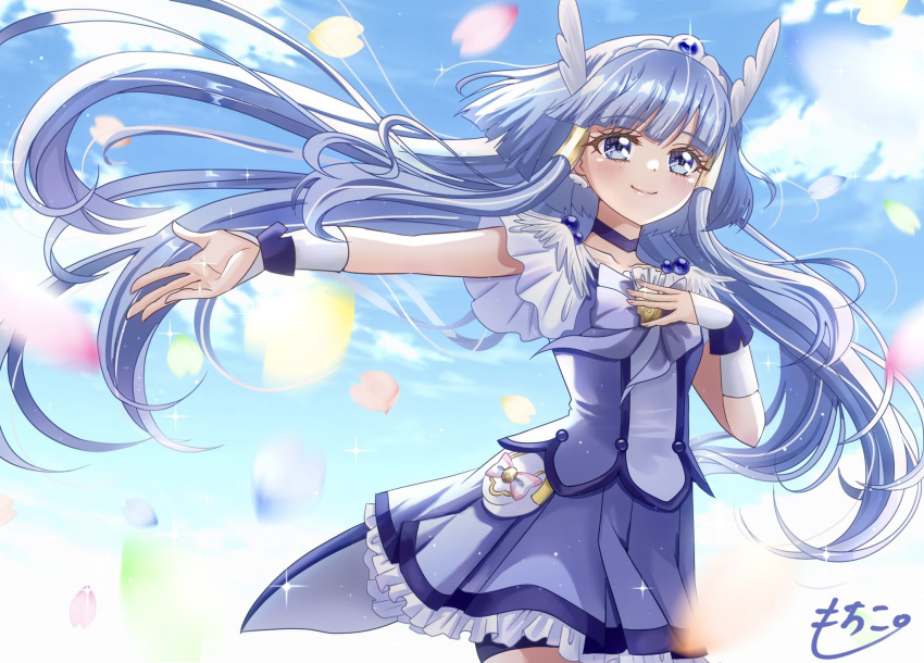 1girl, aoki_reika, bike_shorts_under_skirt, blue_choker, blue_eyes, blue_hair, blue_shirt, blue_skirt