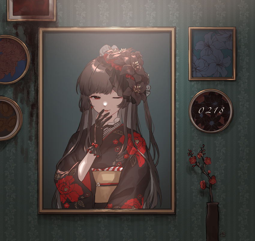 1girl, black_flower, brown_hair, ensemble_girls!, flower, flower_pot, flower_request, hair_flower, hair_ornament, highres, japanese_clothes, kimono, long_hair, long_sleeves, looking_at_viewer, mikage_kasumi, one_eye_closed, picture_frame, red_eyes, red_flower, solo, sumibiya_yasain