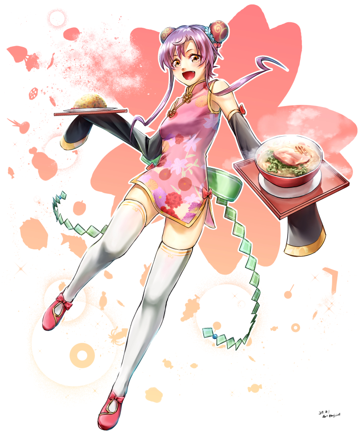 1girl, bun_cover, china_dress, chinese_clothes, double_bun, dress, ensemble_girls!, food