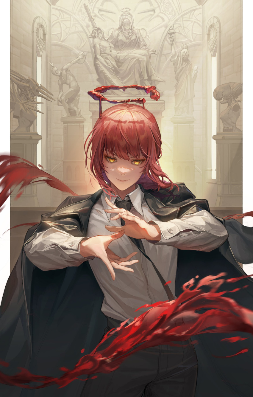 1girl, absurdres, bangs, black_coat, black_necktie, black_pants, blood_drip, braid