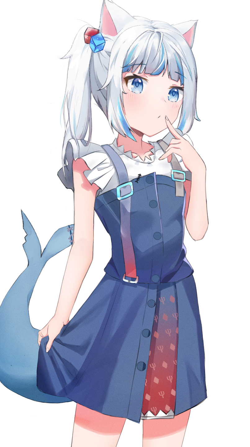 1girl, animal_ears, bangs, blue_eyes, blue_hair, blunt_bangs, blush, casual, cat_ears, cube_hair_ornament, fins, fish_tail, gawr_gura, hair_ornament, hari_(sgkun_12), highres, hololive, hololive_english, medium_hair, multicolored_hair, official_alternate_costume, shark_girl, shark_tail, side_ponytail, solo, streaked_hair, tail, virtual_youtuber