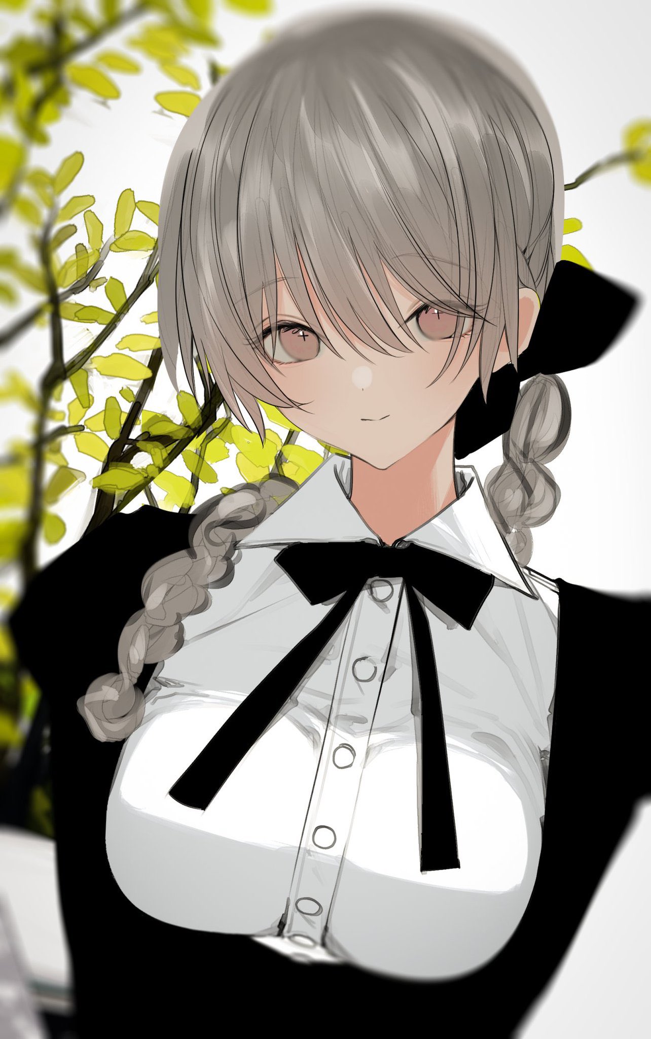 +_+, 1girl, black_bow, black_dress, black_ribbon, blush, bow, braid