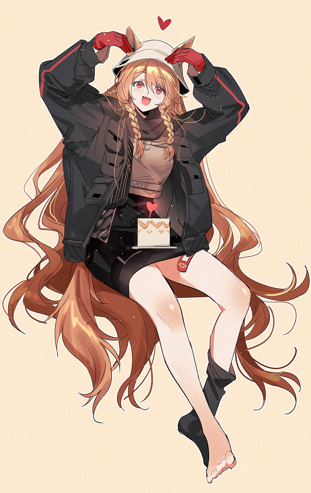 1girl, :d, animal_ears, arknights, bandaid, black_jacket, black_scarf, black_skirt