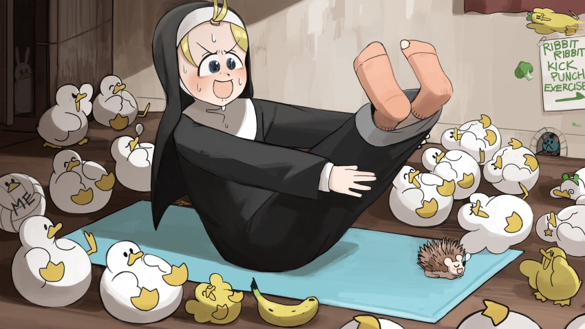 1girl, :d, @_@, ^_^, animal_ears, banana, bird, blonde_hair, blue_eyes, broccoli, catholic, chicken, closed_eyes, clumsy_nun_(diva), diva_(hyxpk), duck, duckling, english_commentary, exercise, food, frog_headband, fruit, habit, hedgehog, highres, hole_in_sock, little_nuns_(diva), mouse, mouse_hole, nose_bubble, nun, orange_socks, poster_(object), rabbit_ears, sleeping, smile, socks, sweat, topknot, volleyball