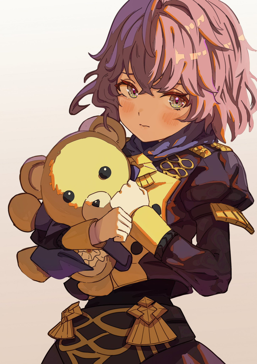 1girl, bangs, bernadetta_von_varley, blush, buttons, closed_eyes, closed_mouth, commentary