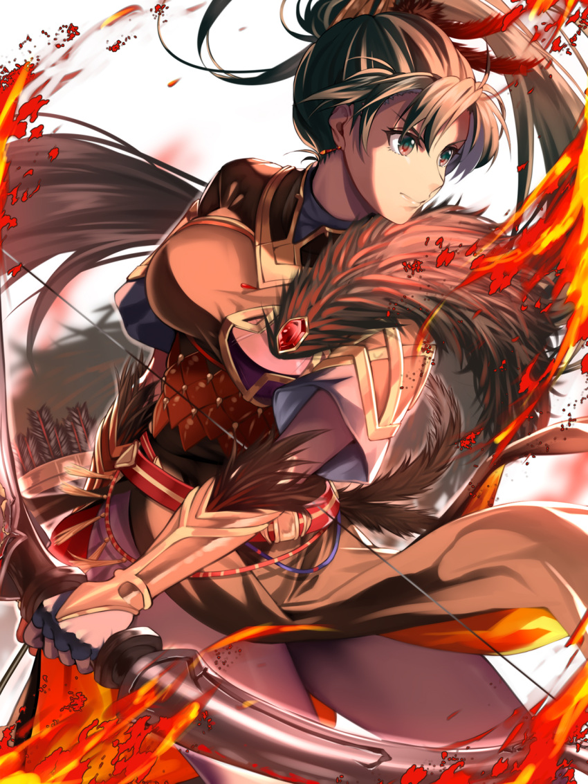 1girl, armor, bangs, bow_(weapon), breastplate, breasts, delsaber, fingerless_gloves, fire, fire_emblem, fire_emblem:_the_blazing_blade, fire_emblem_heroes, gloves, green_eyes, green_hair, highres, holding, holding_bow_(weapon), holding_weapon, lips, long_hair, lyn_(brave_lady)_(resplendent)_(fire_emblem), lyn_(fire_emblem), medium_breasts, official_alternate_costume, pony, solo, thighs, v-shaped_eyebrows, very_long_hair, weapon, white_background
