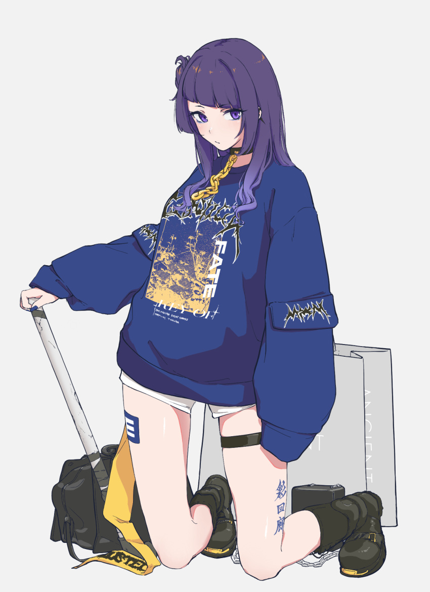 1girl, bag, bangs, black_choker, black_footwear, blue_sweater, chain, choker