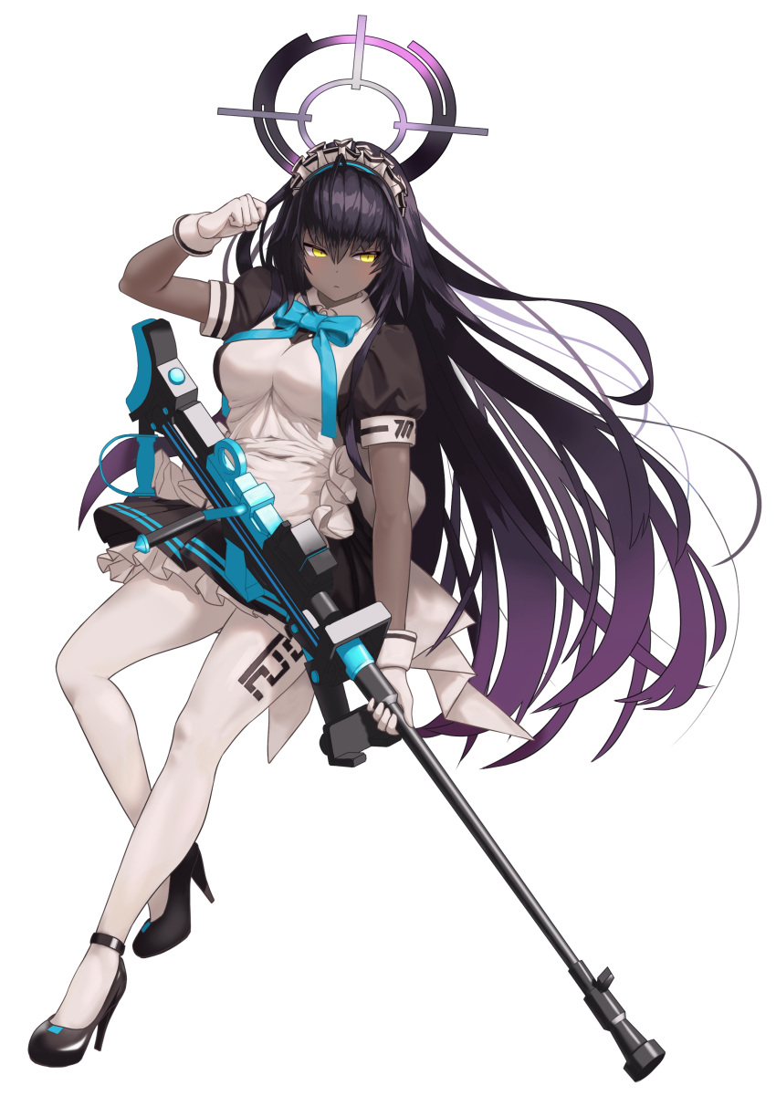 1girl, absurdres, apron, black_footwear, black_hair, blue_archive, blue_bow, blue_bowtie