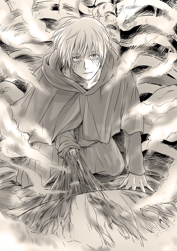 1boy, bangs, from_above, greyscale, kamamoto_(monotonecolor), looking_at_viewer, male_focus, monochrome