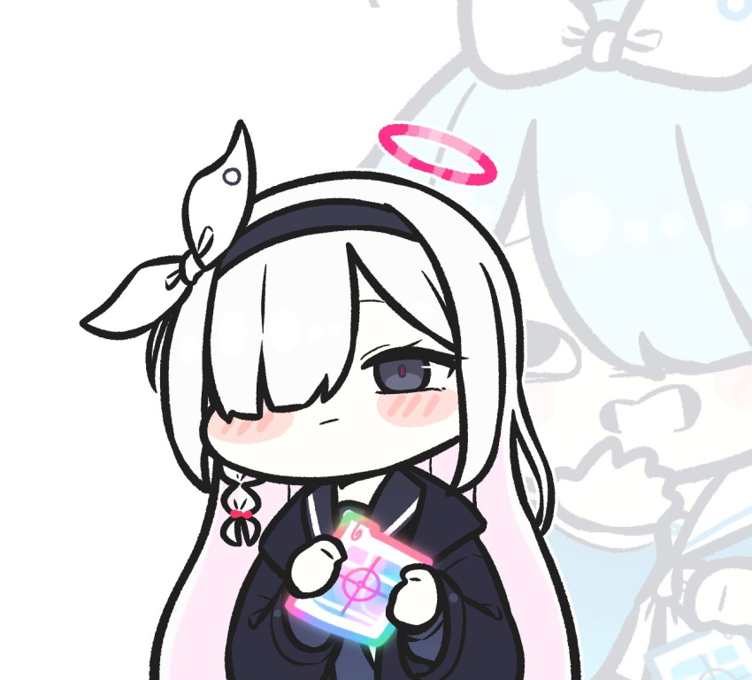 2girls, a.r.o.n.a_(blue_archive), arona_(blue_archive), black_coat, black_eyes, black_hairband, black_serafuku, blue_archive