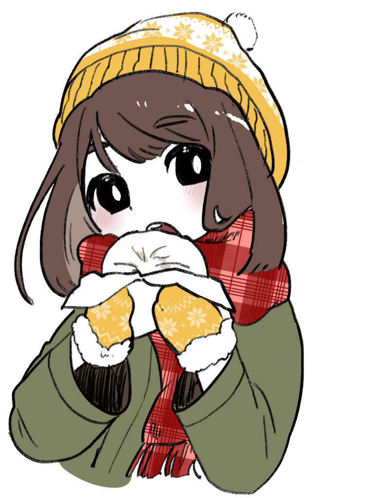 1girl, bangs, beanie, black_eyes, bright_pupils, brown_hair, coat, food, green_coat, hat, holding, holding_food, long_hair, long_sleeves, machigami_yoh, open_mouth, original, plaid, plaid_scarf, print_headwear, print_mittens, red_scarf, scarf, simple_background, solo, white_background, white_pupils, winter_clothes, yellow_headwear, yellow_mittens
