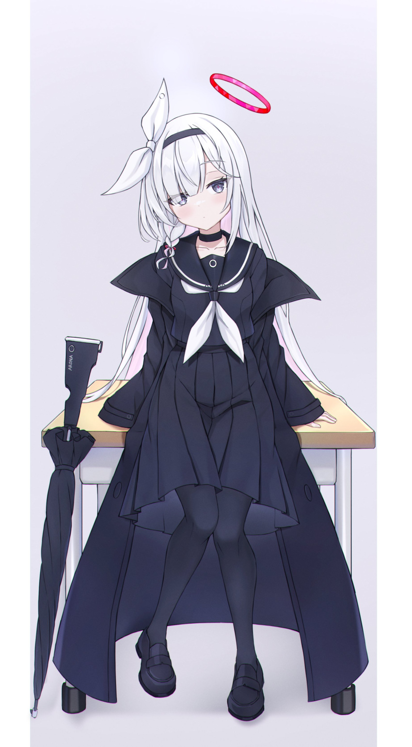 1girl, a.r.o.n.a_(blue_archive), absurdres, black_choker, black_coat, black_eyes, black_footwear, black_hairband