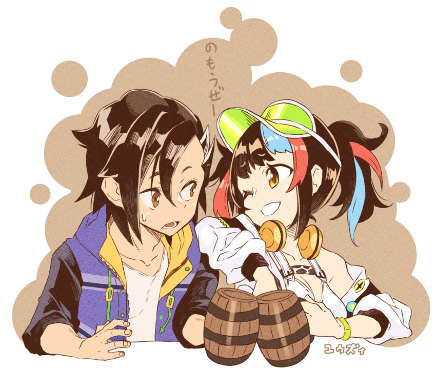 1boy, 1girl, beer_mug, black_hair, blue_hoodie, brown_eyes, cup, elbow_on_another's_shoulder, fate/grand_order, fate_(series), headphones, headphones_around_neck, hood, hoodie, mandricardo_(fate), mandricardo_(summer_sportswear)_(fate), mug, multicolored_hair, one_eye_closed, sei_shounagon_(fate), sei_shounagon_(swimsuit_berserker)_(fate), sweatdrop, twintails, yellow_eyes, yuuzii