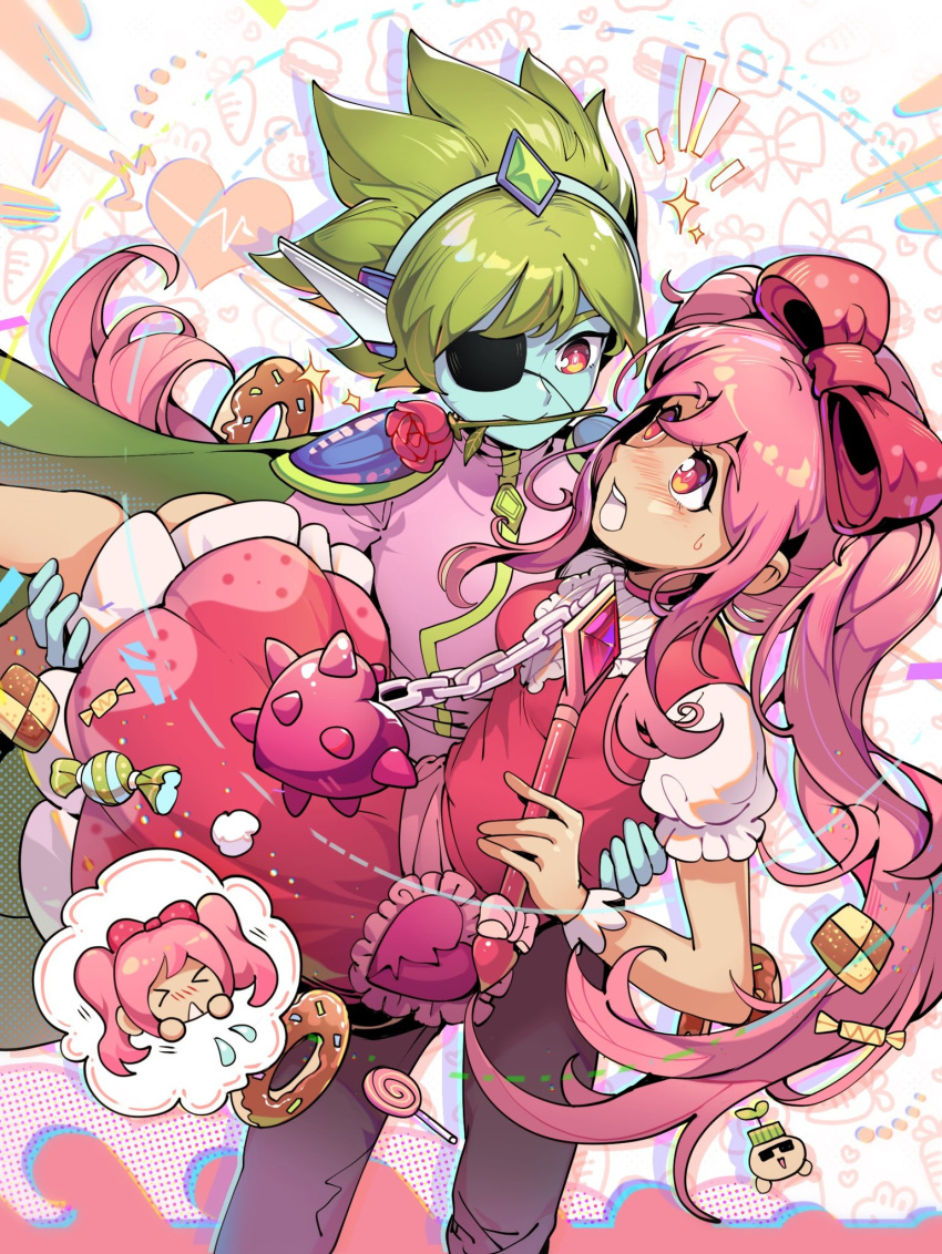 1boy, 1girl, blue_skin, blush, bow, candy, captain_spaceboy, carrying, colored_skin, dark-skinned_female, dark_skin, doughnut, eyepatch, flower, flower_in_mouth, food, green_hair, hair_bow, highres, lollipop, long_hair, looking_at_another, omori, open_mouth, pink_bow, pink_hair, princess_carry, puffy_short_sleeves, puffy_sleeves, red_eyes, red_flower, red_rose, rose, short_hair, short_sleeves, sprout_mole_mike, sunglasses, sweetheart_(omori), twintails, zs_zealsummer