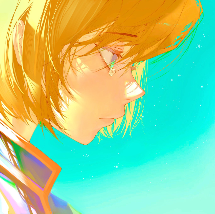 1boy, androgynous, backlighting, bangs, blonde_hair, collared_shirt, feitian5575, from_side, highres, hunter_x_hunter, kurapika, male_focus, shirt, short_hair, simple_background, solo, tearing_up