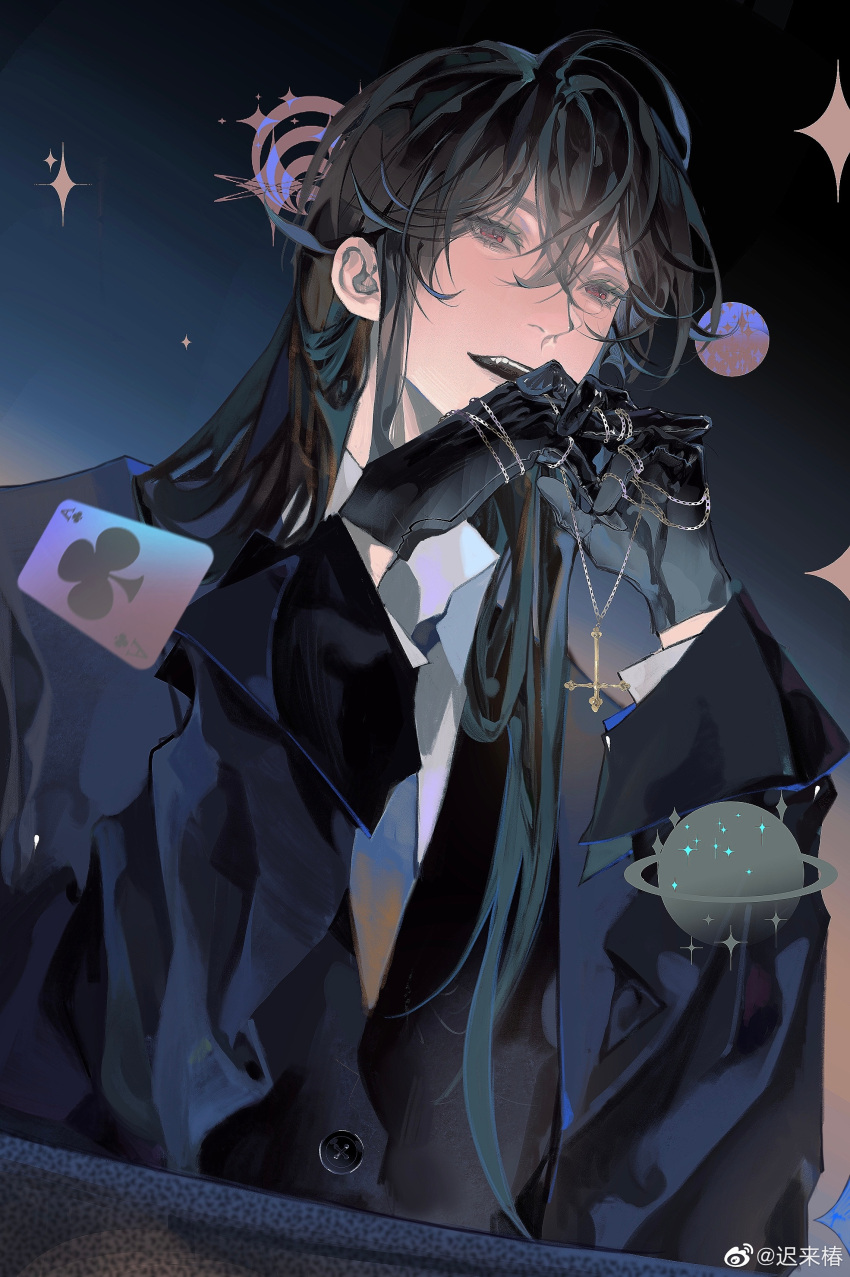1boy, absurdres, bai_liu, bangs, black_eyes, black_gloves, black_hair, black_necktie